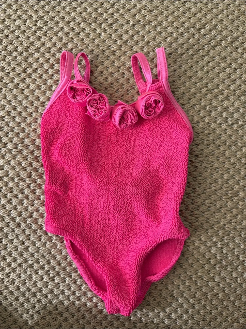 Hunza G Kids One-Piece Swimsuit in Hot Pink with Rosette Trim size Medium